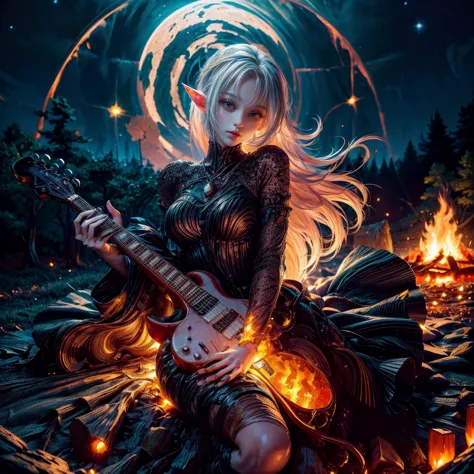 a beautiful 24-year-old elf girl, playing an electric guitar. she has a cute face and is dressed in a stylish, cool dress. the s...