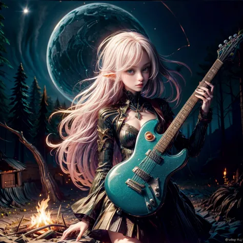 a beautiful 24-year-old elf girl, playing an electric guitar. she has a cute face and is dressed in a stylish, cool dress. the s...