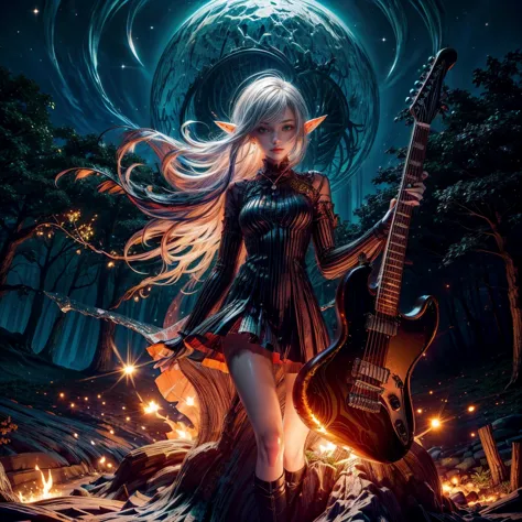 a beautiful 24-year-old elf girl, playing an electric guitar. she has a cute face and is dressed in a stylish, cool dress. the s...