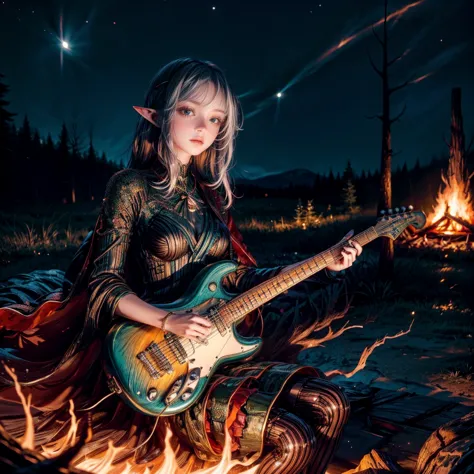 a beautiful 24-year-old elf girl, playing an electric guitar. she has a cute face and is dressed in a stylish, cool dress. the s...