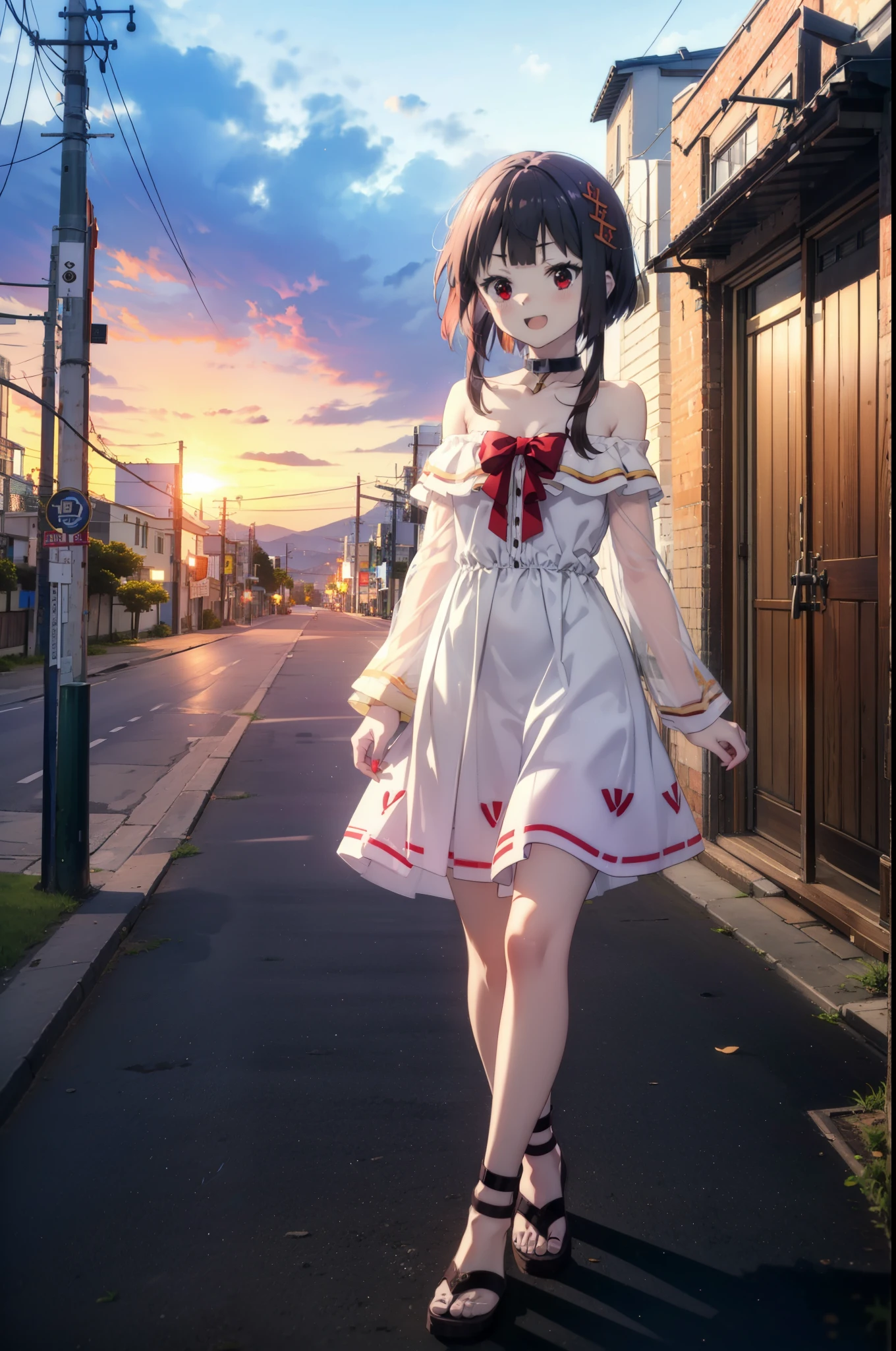 konosubaMegumin, Megumin, short hair, Black Hair, (Red eyes:1.3), short hair with long locks,happy smile, smile, Open your mouth,
Off-the-shoulder white dress,No sleeve,White long skirt,Cute Sandals,Bare arms,bare clavicle,Bare shoulders,Bare neck,Walking,whole bodyがイラストに入るように,evening,Sunset,The sun is setting,
break outdoor, Coastal street with buildings,
break looking at viewer, whole body,
break (masterpiece:1.2), highest quality, High resolution, unity 8k wallpaper, (figure:0.8), (Beautiful fine details:1.6), Highly detailed face, Perfect lighting, Highly detailed CG, (Perfect hands, Perfect Anatomy),