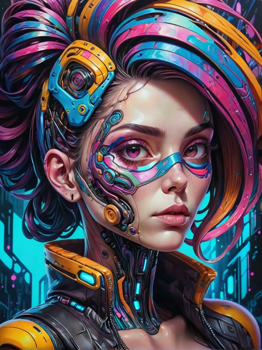 realistic, Psychedelic works full of gorgeous colors, It has rich texture, distortion，Attractive facial features，Crazy marbled paper cyberpunk woman&#39;s head，Neon Blue，Neon Orange，Floating mysterious stellar translucent vortex