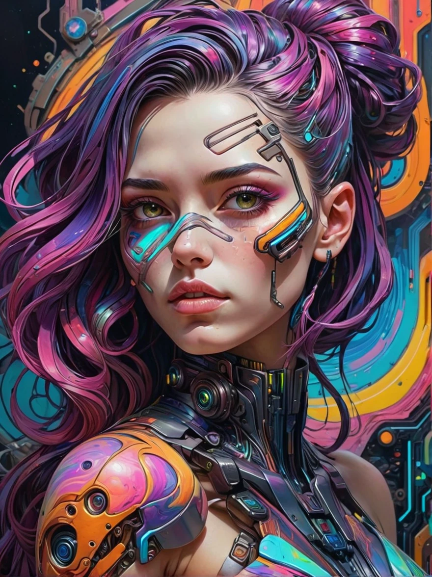 Realista, Obras psicodélicas llenas de colores preciosos., Tiene una textura rica, distorsión，rasgos faciales atractivos，Mujer cyberpunk de papel jaspeado loca&#39;cabeza，azul neón，Naranja neón，Vórtice translúcido estelar misterioso flotante