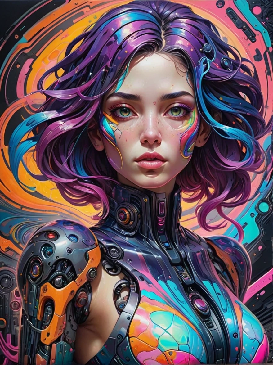 Realista, Obras psicodélicas llenas de colores preciosos., Tiene una textura rica, distorsión，rasgos faciales atractivos，Mujer cyberpunk de papel jaspeado loca&#39;cabeza，azul neón，Naranja neón，Vórtice translúcido estelar misterioso flotante