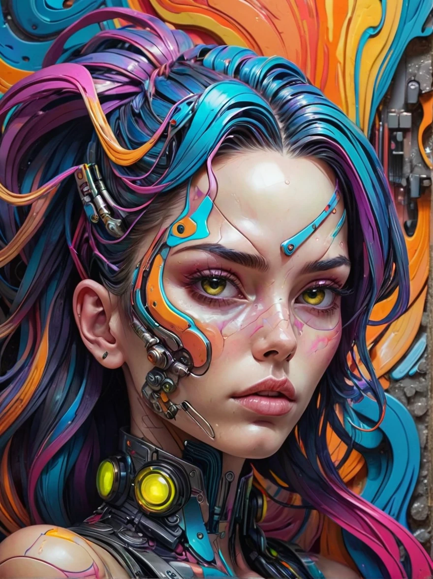 realistic, Psychedelic works full of gorgeous colors, It has rich texture, distortion，Attractive facial features，Crazy marbled paper cyberpunk woman&#39;s head，Neon Blue，Neon Orange，Floating mysterious stellar translucent vortex