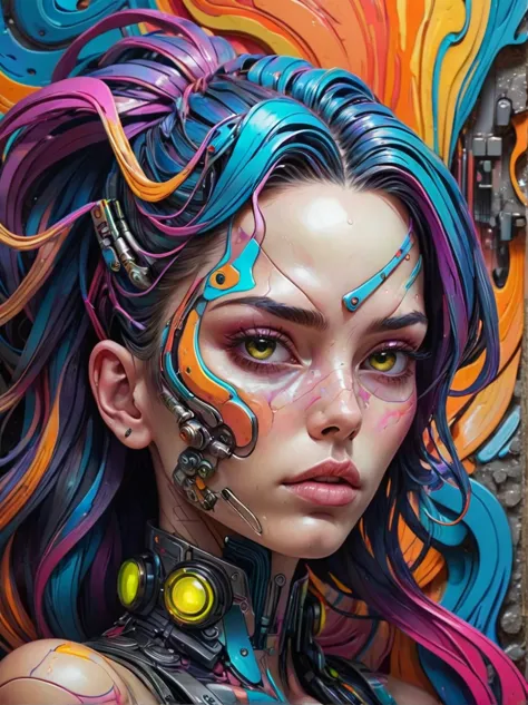 realistic, Psychedelic works full of gorgeous colors, It has rich texture, distortion，Attractive facial features，Crazy marbled p...