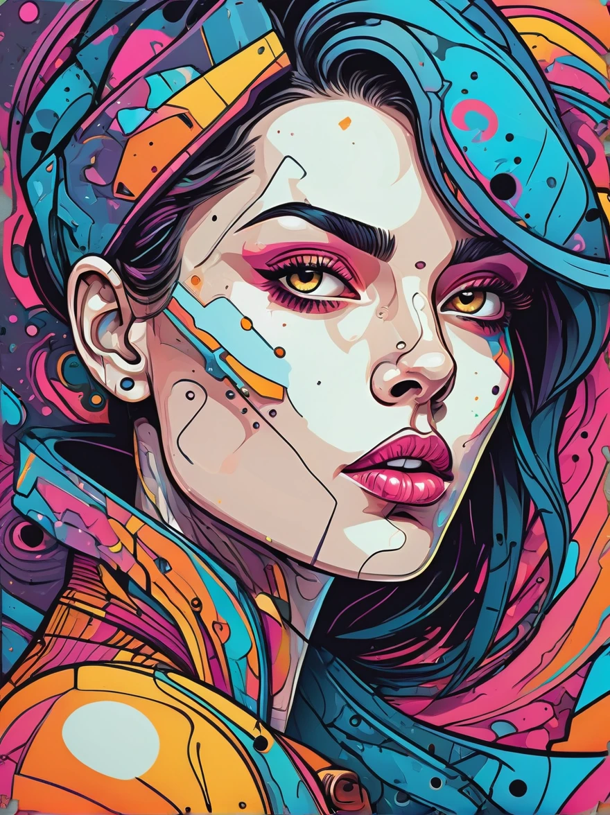 (Cartoon doodle style:1.2), Vector illustration，portrait，close up，Crazy marbled paper cyberpunk woman&#39;s head，Neon Blue，Neon Orange，Floating mysterious stellar translucent vortex，Graffiti style background, Comic Art，Anatomically correct, Textured Skin, Add whimsy to the scene, 1xhsn1