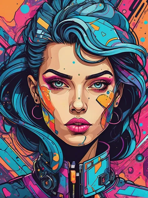 (Cartoon doodle style:1.2), Vector illustration，portrait，close up，Crazy marbled paper cyberpunk woman&#39;s head，Neon Blue，Neon ...