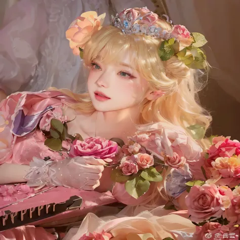 blond haired boy in a pink dress with a crown and flowers, belle delphine, fairycore, sakimichan, jinyoung shin, rococo queen, c...