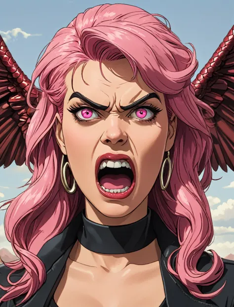 pink hair, medium hair, hair one side up, swept bangs, halo, devil wings, snake pupils, devil pupils, angry, open mouth, surreal...