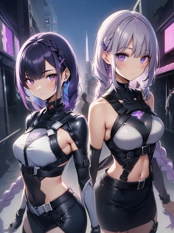 (masterpiece:1.2, incredibly detailed, anime style:1.4, anime, high contrast, masterpiece:1.2, highest quality, best aesthetic), two girls, 2 girls back-to-back, random poses, (girl on the right, short hair, white top, black chest guard, smiling), (girl on the left, cyber suit, detached sleeves, exposed shoulders, black top, silver chest guard, energy disk on chest, black miniskirt, belt connecting left and right sleeves, black cyber suit with purple accents, ((white and purple gradient hair:1.4, braided long hair, black and white hair accessories:1.2, dark purple bangs:1.1, asymmetric bangs)), purple eyes, double eyelids, detailed face, loose braids, unconcerned expression, kind), dark color palette, dark alleyway, night, cyberpunk city, lens flare, perfect anatomy.highres