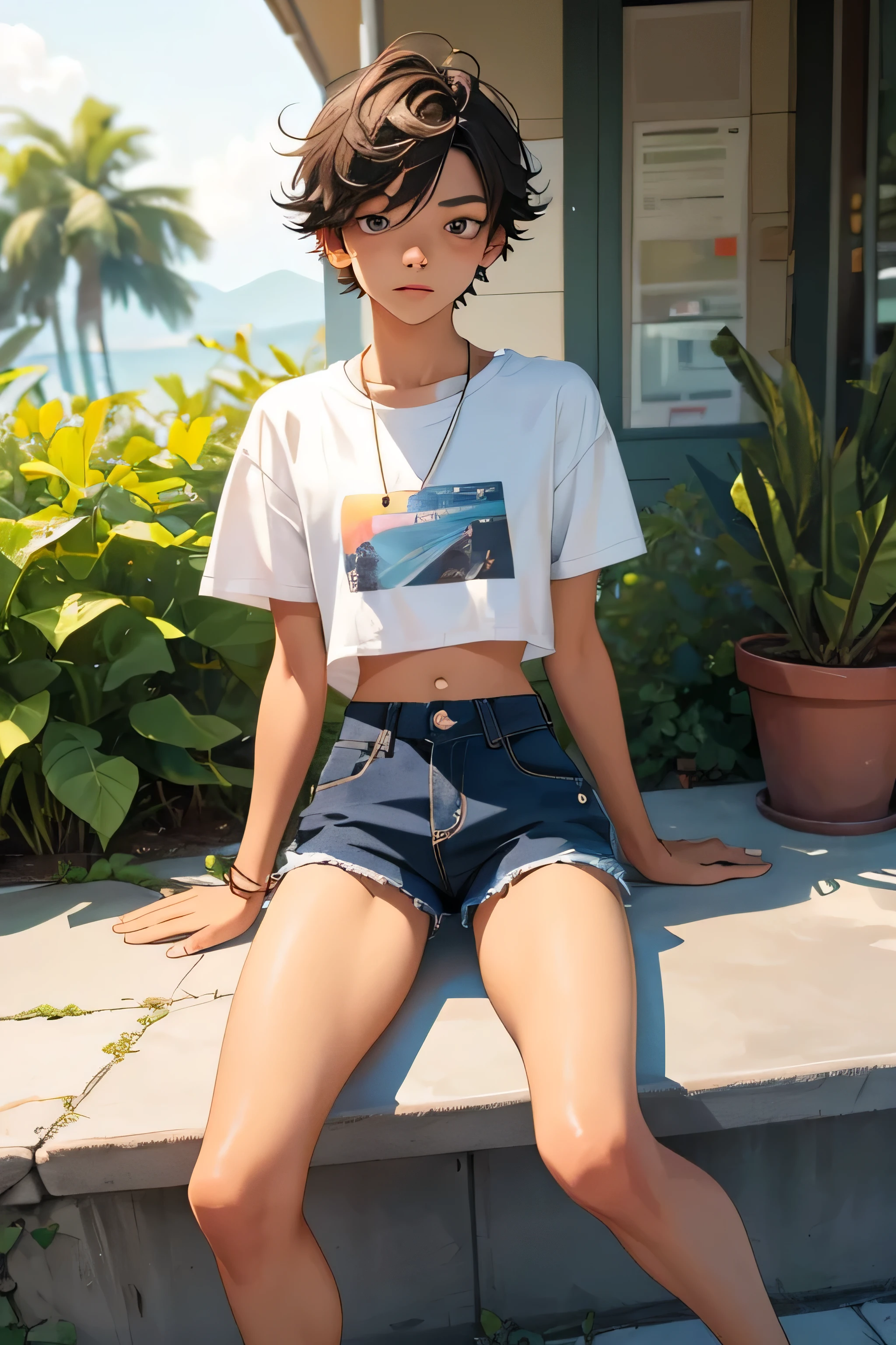 Teenage boy , the boy is wearing a cropped shirt and too very much short mini shorts, the boy's legs are long and beautiful, his legs are very tanned, hot summer, top quality