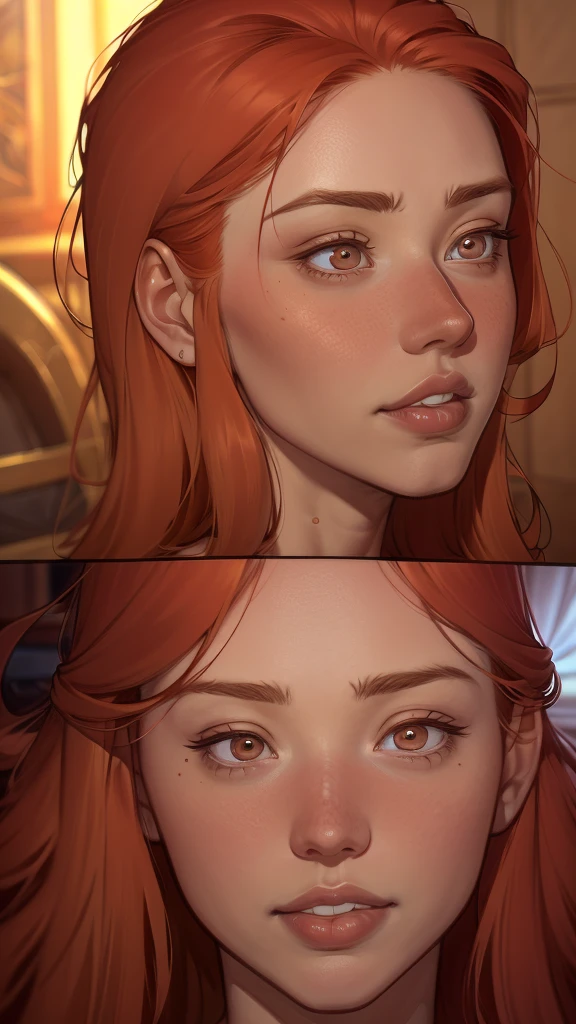 a close up of a woman with กระ on her face, ตกกระ pale skin, with กระ, light กระ, light cute กระ, very light กระ, hint of กระ, elegant กระ, ตกกระ, ginger hair with กระ, cute กระ, red hair and กระ, กระ, กระ!!!, soft กระ, ตกกระ face, rosy cheeks with กระ, white กระ