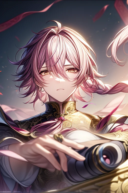 (masterpiece, best quality, perfect face, expressive eyes), 1boy, (anime), (male), (adult), pink hair, yellow eyes, white cheongsam, pink tassel earrings, intricate details, 