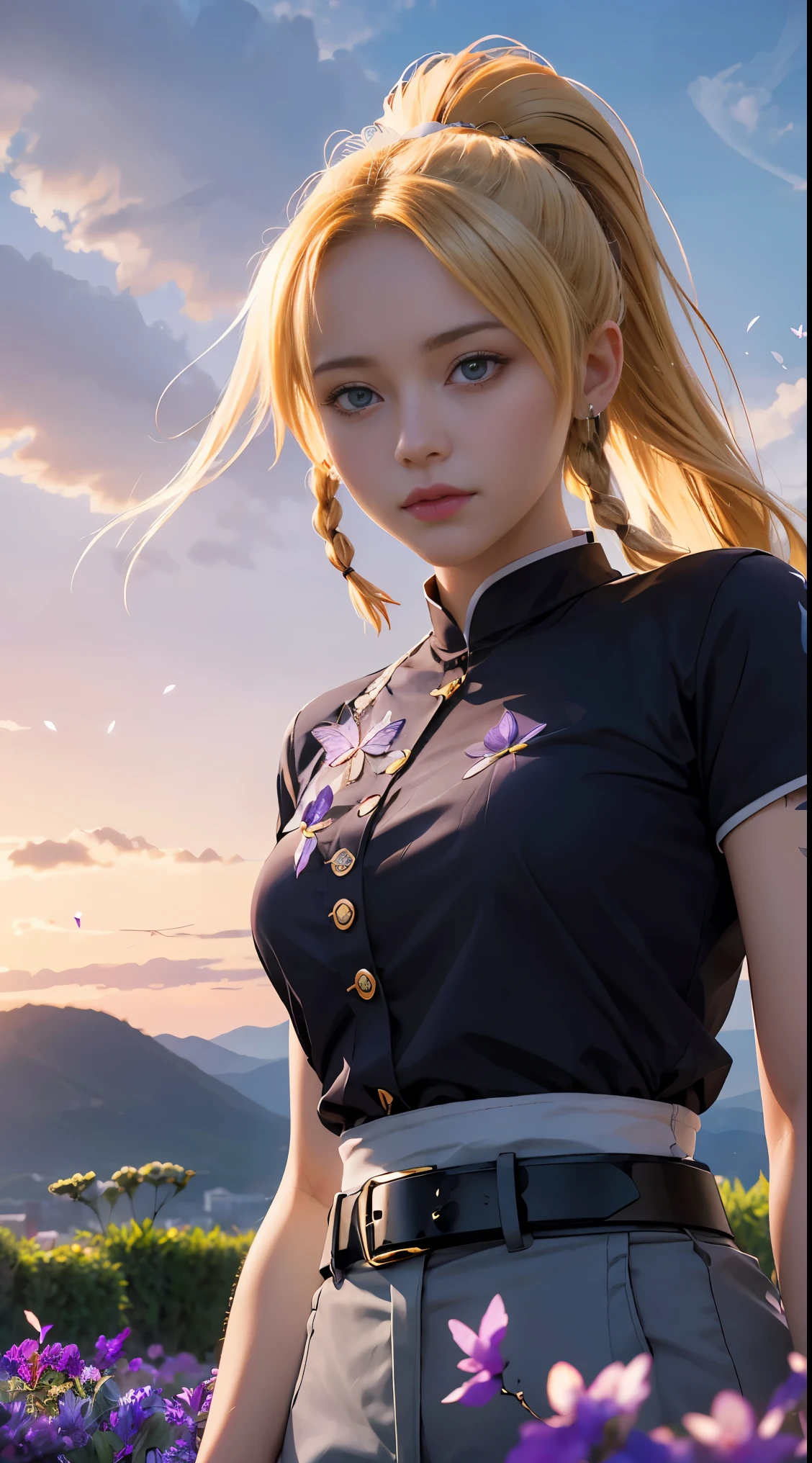 Ultra-realistic 8k CG, masterpiece, close-up, (dynamic pose: 1.3), beauty, goddess, from the front, from the front, face sticking out, (super detailed background, delicate patterns, intricate details)), high quality, highly detailed face, highly detailed eyes and face, highly detailed eyes,(((leafa))), blonde hair, long hair, green eyes, pointy ears,twin braids, hair between eyes,ponytail, very long hair,side braid, black shirt, black pants, (haori, Butterfly: 1.3, button, belt), (garden: 1.2), purple flowers, red cliffs, cloudy sky, sunlight, tyndall effect, gradient_sky, face, gorgeous sky, waist sword,