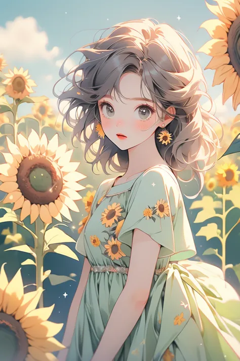 (pastel colour:1.2)、(Cute illustrations:1.2)、(girl)、(Sunflower dress)、(Sparkling Sunflower)