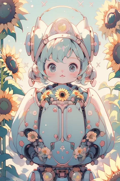 (pastel colour:1.2)、(Cute illustrations:1.2)、(Sunflower Robot)、Sparkling