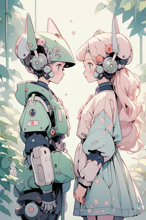 (pastel colour:1.2)、(Cute illustrations:1.2)、(Girls and robots　Face to face)、Hand to hand