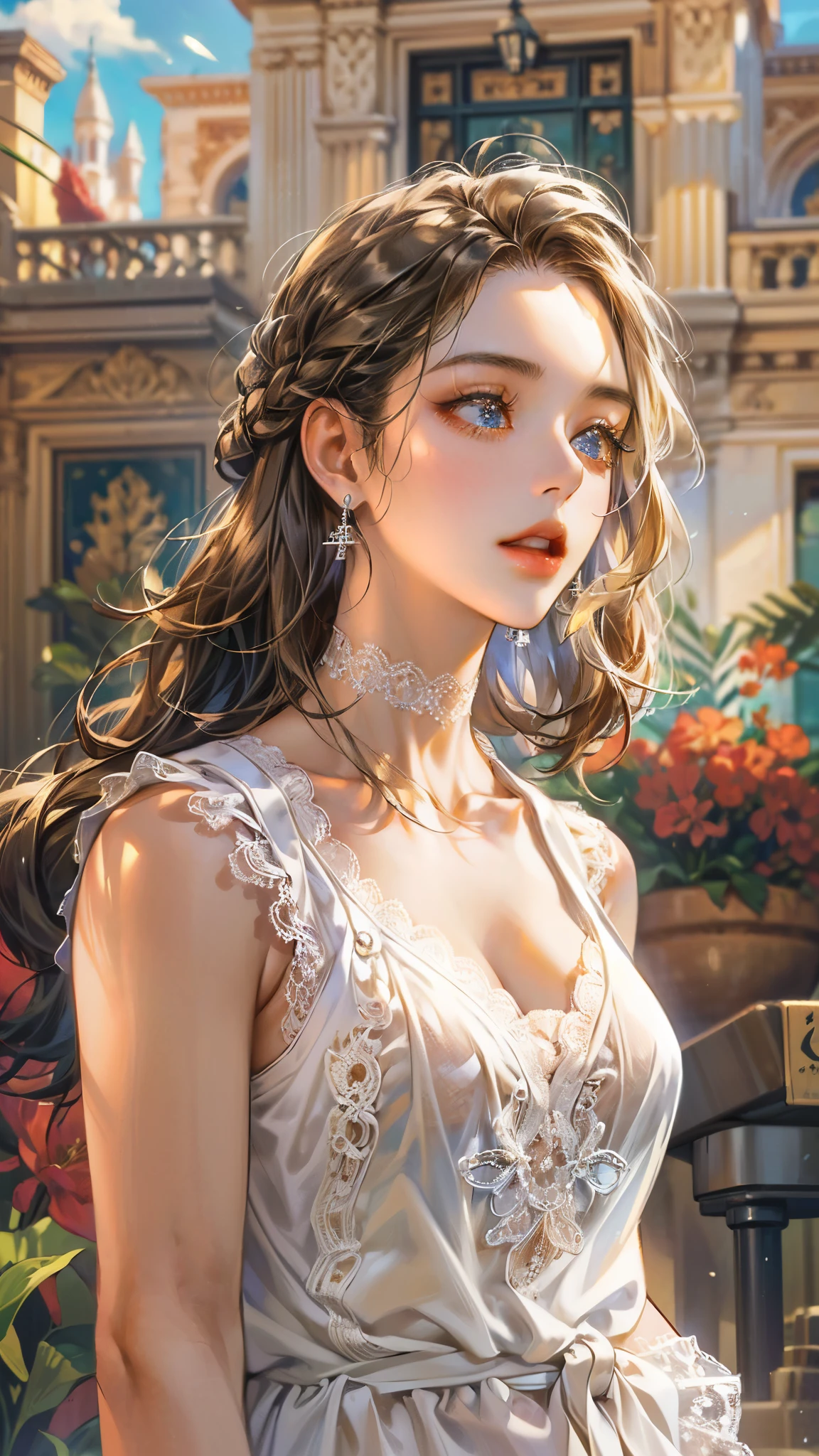 ((highest quality)),(Ultra-high resolution),(Very detailed),(Detailed Description),((The best CG)),(A masterpiece),Ultra-detailed art,Amazing drawing art,(Art with precise detail:1.5), (A woman wearing a white sleeveless blouse with lace:1.4),Lace choker:1.4,Earrings,Straight pants:1.4, Sunny European cityscape:1.6