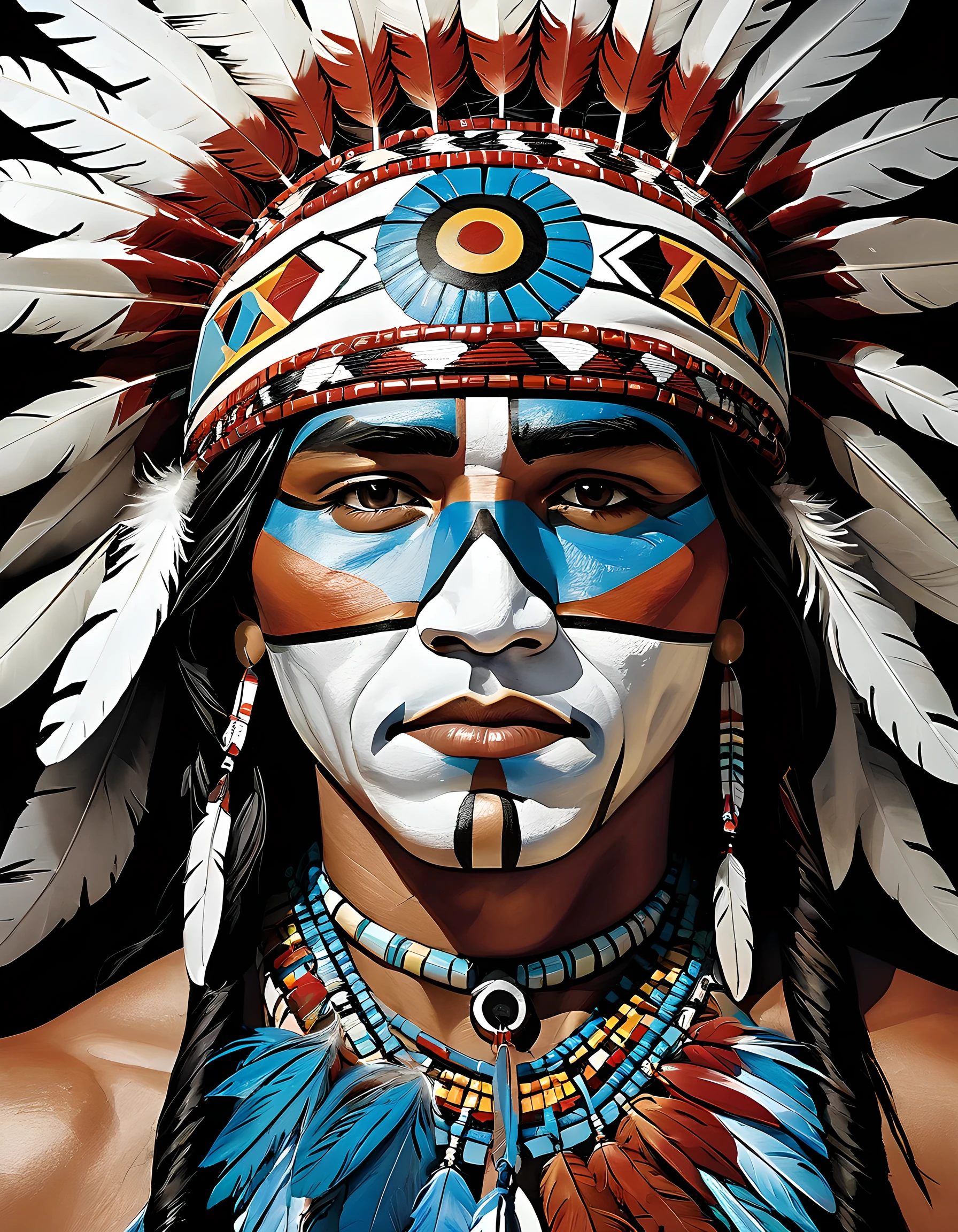 Close-Up of Face, detailed male faces., native American, first nations, Aboriginal, ornaments and accessories made of bird feathers, detailed face painting