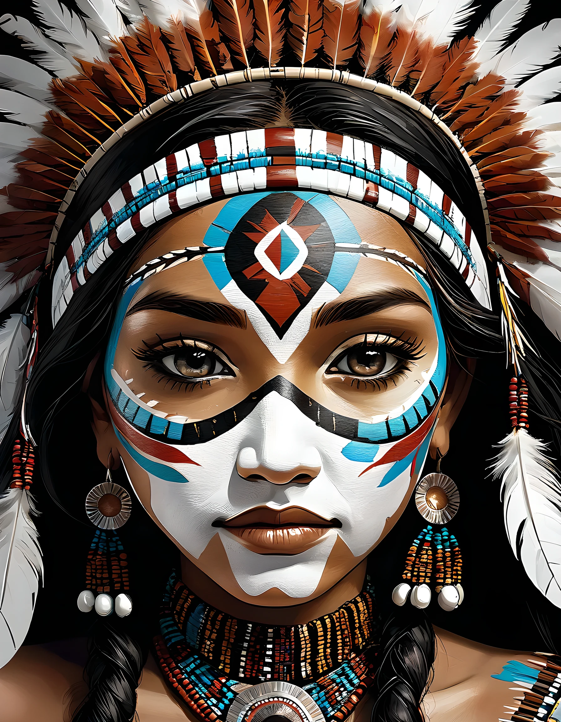 Nahaufnahme des Gesichts, detaillierte weibliche Gesichter., amerikanischer Ureinwohner, erste Nation, Ureinwohner, Ornamente und Accessoires aus Vogelfedern, detaillierte Gesichtsbemalung