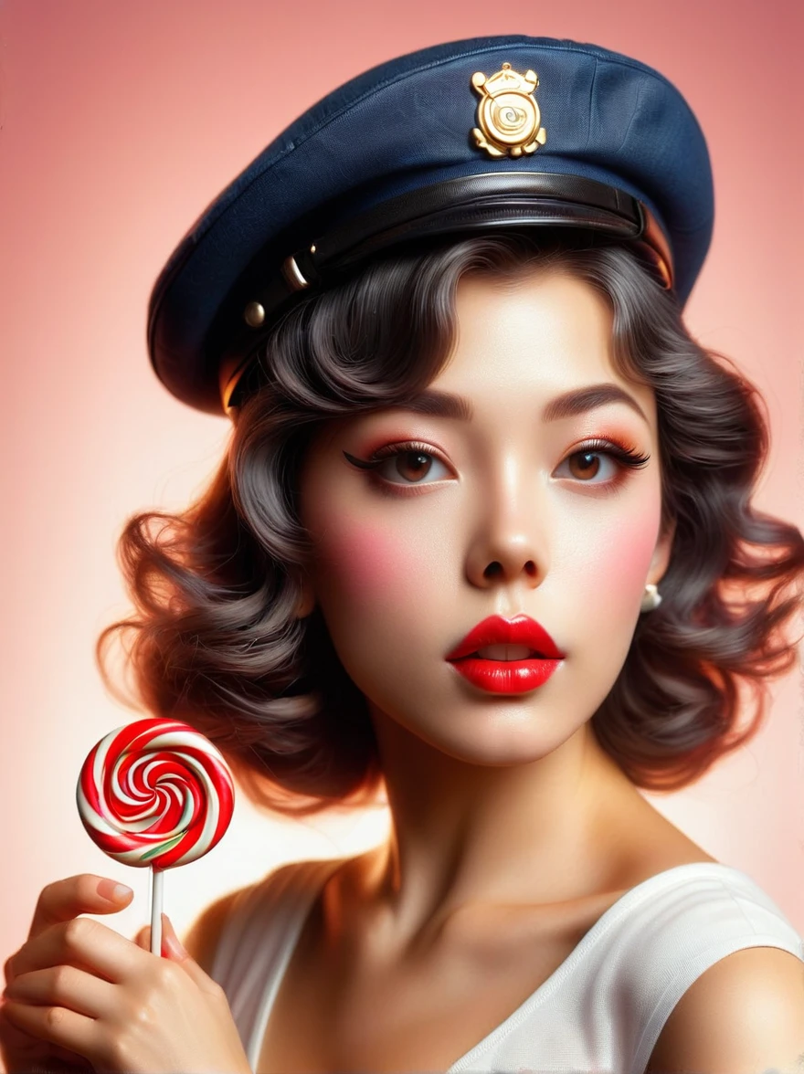 retrato，de cerca，Una joven hispana vestida con ropa estilo pin-up，Llevar una boina en la cabeza.，Standing in the Foreground with a lollipop in hand。Las fotos deben estar cálidas.、SoFt lighting captures the essence oF women，Inspired by photographs by artists beFore 1912，Estas fotos enfatizan detalles realistas de la piel.，Incluir texturas、Pores and other typical imperFections oF human skin。Use a wide aperture retrato lens，Achieve soFt blur eFFects，With clear Focus on the eyes and lips。The overall style oF the photo should be retro and nostalgic，Colores brillantes y delicados。Capture Flirting and playFul gestures in Female Facial expressions，Para resaltar su encantadora personalidad.。FujiFilm GFX100，Lente retrato de 85 mm，F/1.4，SoFt lighting with gold reFlectors，Estilo de fotografía retro nostálgico.，Charm de chica pin-up。