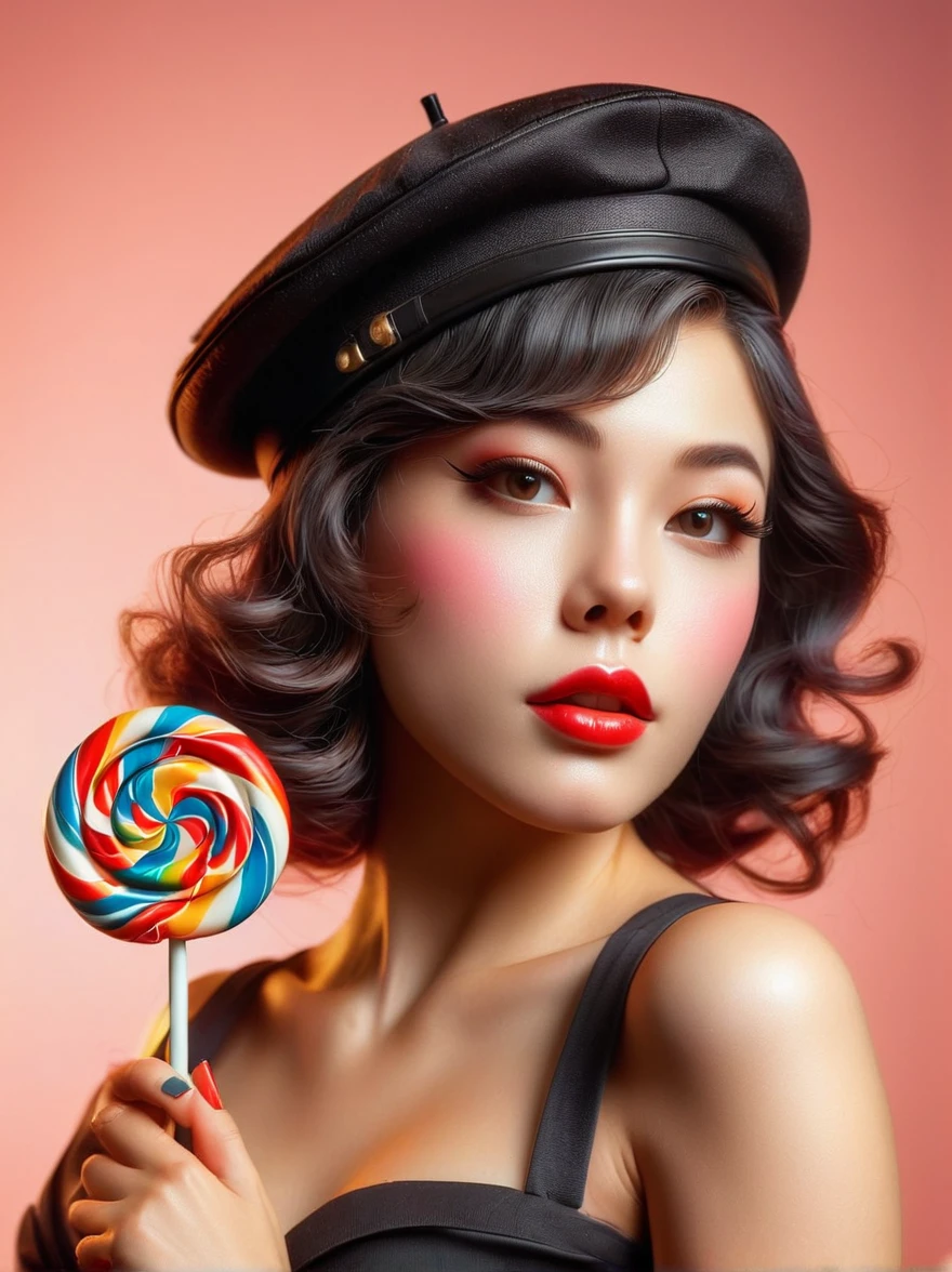 portrait，close up，A young Hispanic woman dressed in pin-up style clothing，Wear a beret on the head，Standing in the foreground with a lollipop in hand。Photos should be warm、Soft lighting captures the essence of women，Inspired by photographs by artists before 1912，These photos emphasize realistic skin details，Include textures、Pores and other typical imperfections of human skin。Use a wide aperture portrait lens，Achieve soft blur effects，With clear focus on the eyes and lips。The overall style of the photo should be retro and nostalgic，Bright and delicate colors。Capture flirting and playful gestures in female facial expressions，To highlight its charming personality。Fujifilm GFX100，85mm Portrait Lens，f/1.4，Soft lighting with gold reflectors，Retro nostalgic photography style，Pin-up girl charm。