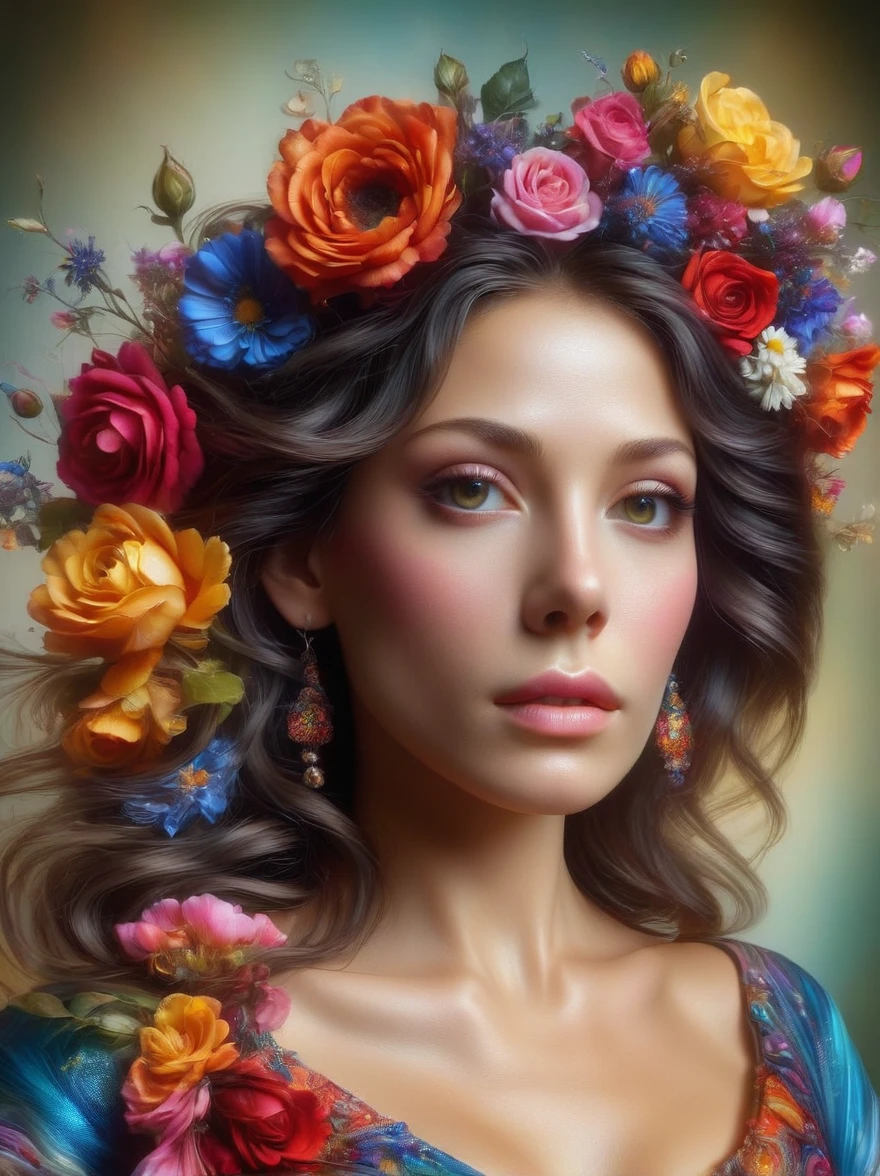Generate a high-quality, ultra photo-realistic image in intense colors. The subject should be a 40-year-old Caucasian woman who bears an intelligent look. She should be adorned with colorful waxy layers, possibly suggestive of flowers and other embellishments. The portrait should maintain an exceptional level of detail. It is supposed to be a self-portrait shot in the style of portraiture photography typically seen executed with a quality lens such as the Fujifilm XF 56mm.