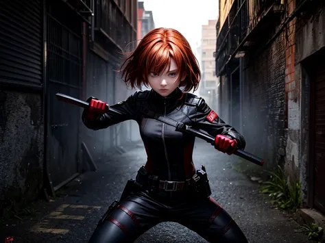 Young red-haired female character，Dressed in a black tight combat suit.，Belt full of small tools，She takes an energetic fighting...