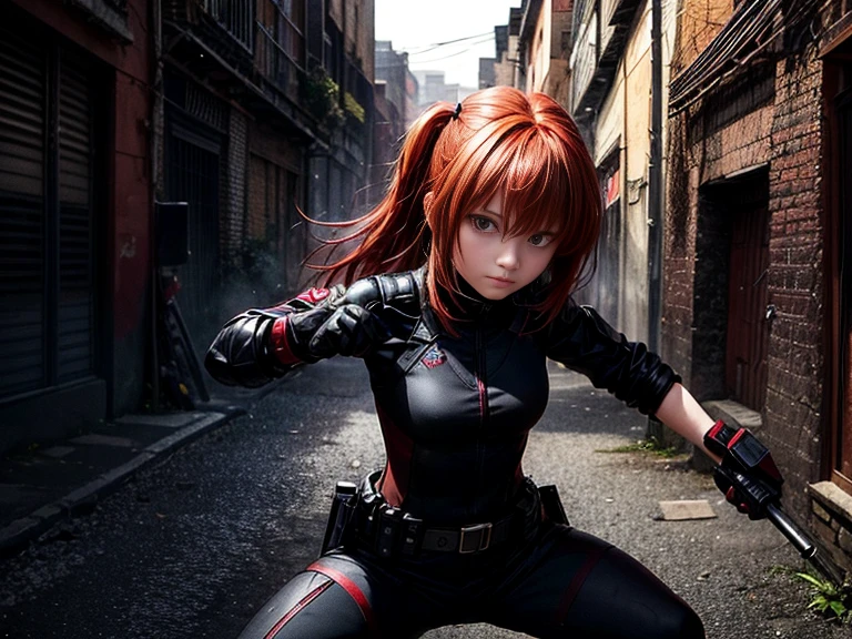 Young red-haired female character，Dressed in a black tight combat suit.，Belt full of small tools，She takes an energetic fighting stance，Always ready for any challenge，She stands against the backdrop of the suburbs.，This is a typical quiet area.，Her eyes were full of determination.，Reflecting her fearless nature