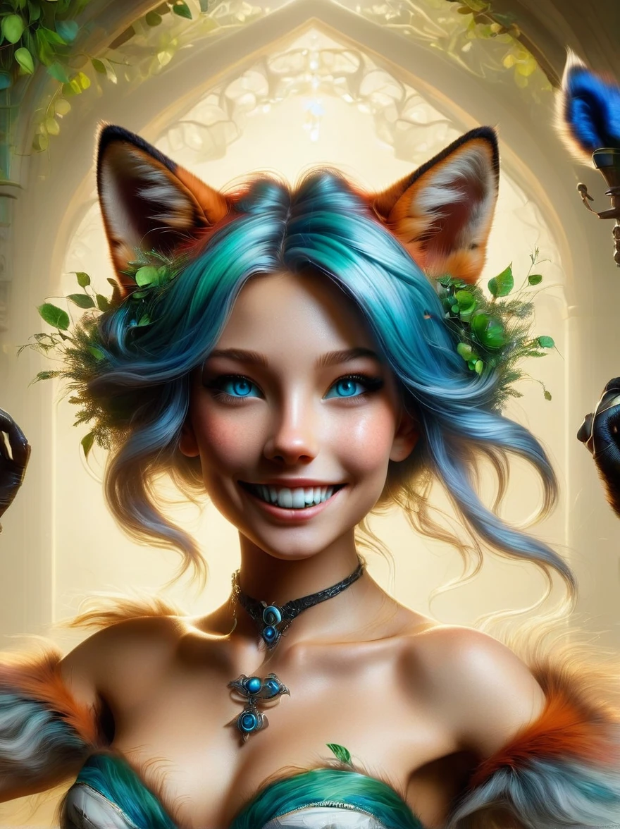 Create an intricate and highly detailed, ultra-high-definition masterpiece. It should be a photo-realistic and hyper-realistic, close-up portrait of a female furry fox's face, with blue eyes and green hair. In the portrait, the fox is looking at the camera with a smile, revealing her teeth. The setting for this portrait is a nondescript room lit by natural light. The perspective should be ultra wide-angle, making it feel as if the viewer is within the intimate space of the fox's environment, emulating the perspective of a GoPro Hero8 Black action camera.