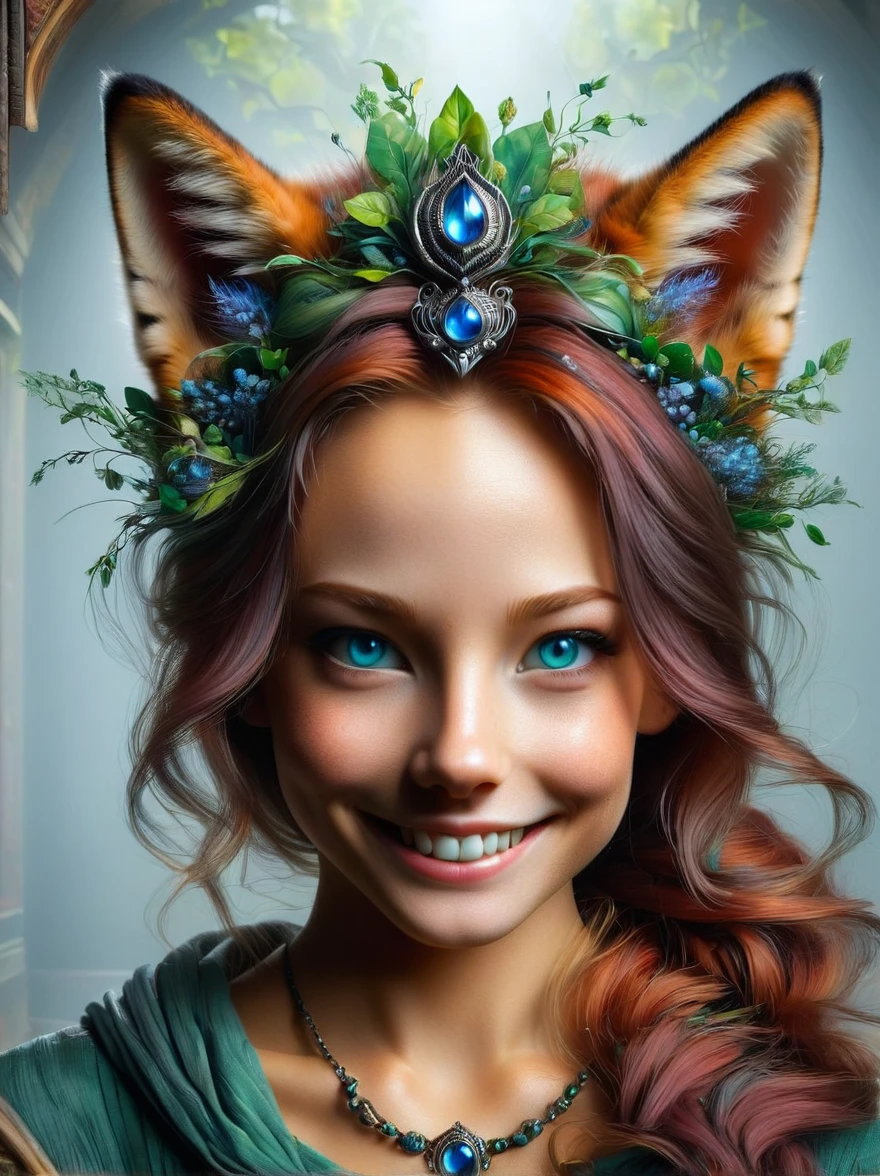 Create an intricate and highly detailed, ultra-high-definition masterpiece. It should be a photo-realistic and hyper-realistic, close-up portrait of a female furry fox's face, with blue eyes and green hair. In the portrait, the fox is looking at the camera with a smile, revealing her teeth. The setting for this portrait is a nondescript room lit by natural light. The perspective should be ultra wide-angle, making it feel as if the viewer is within the intimate space of the fox's environment, emulating the perspective of a GoPro Hero8 Black action camera.
