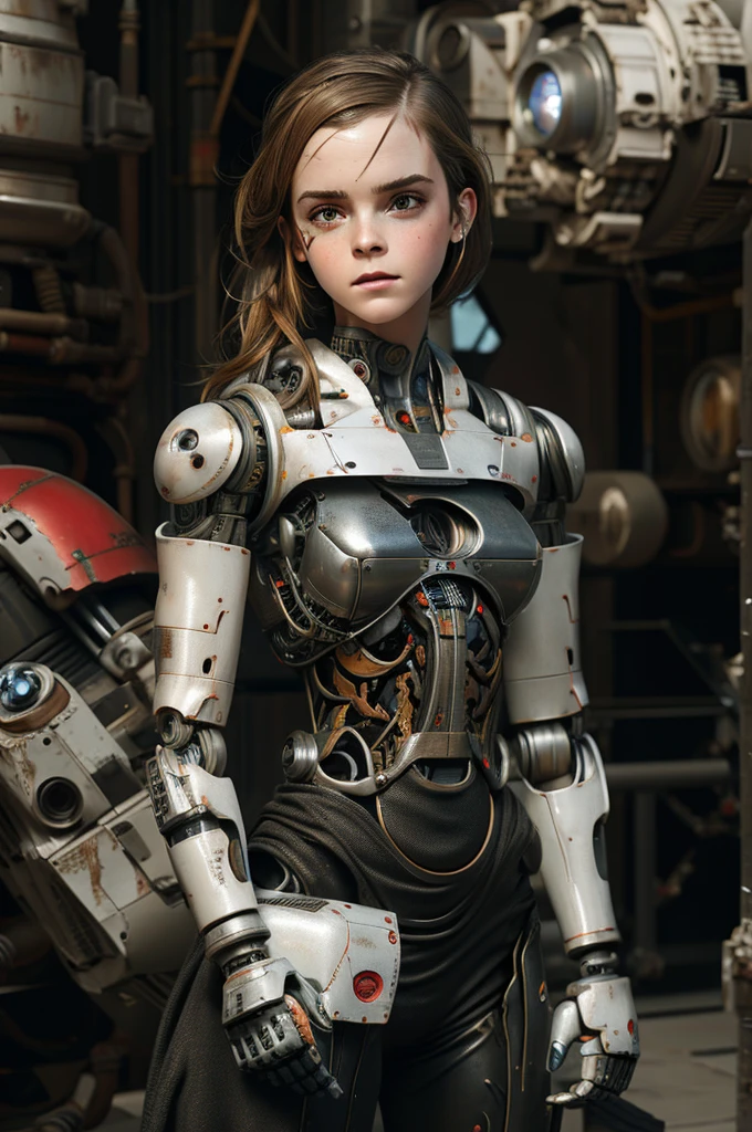 Emma Watson, cyborg, personne androïde, Marc Brooks, David homme, cerveau de robot, Fait d&#39;acier, Hyperréalisme, post-apocalyptique, moulinet, Parties mécaniques, J.oints, mecha,  J._science-fiction