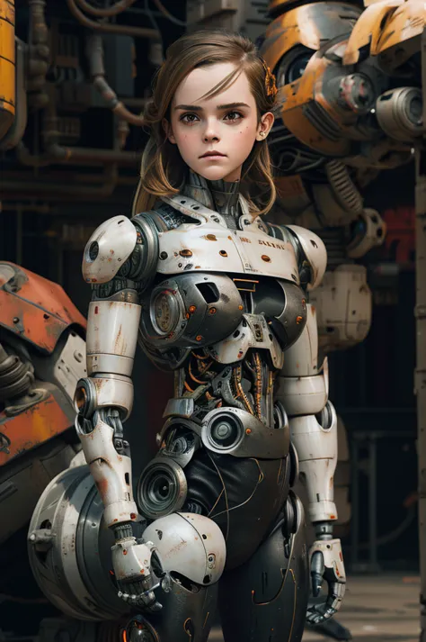 emma watson, cyborg, androidperson, mark brooks, david mann, robot brain, made of steel, hyperrealism, post-apocalyptic, reelmec...