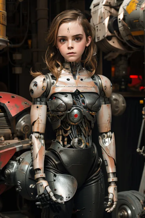 Emma Watson, cyborg, androidperson, mark brooks, david mann, robot brain, made of steel, hyperrealism, post-apocalyptic, reelmec...