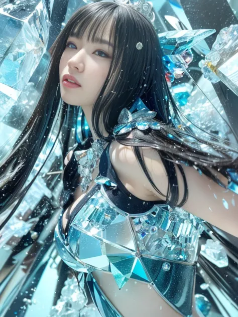 ((((close-up of a fantastic blue and white deep sea with lots of diamonds, crystallization化した, crystallization skin, diamond tex...