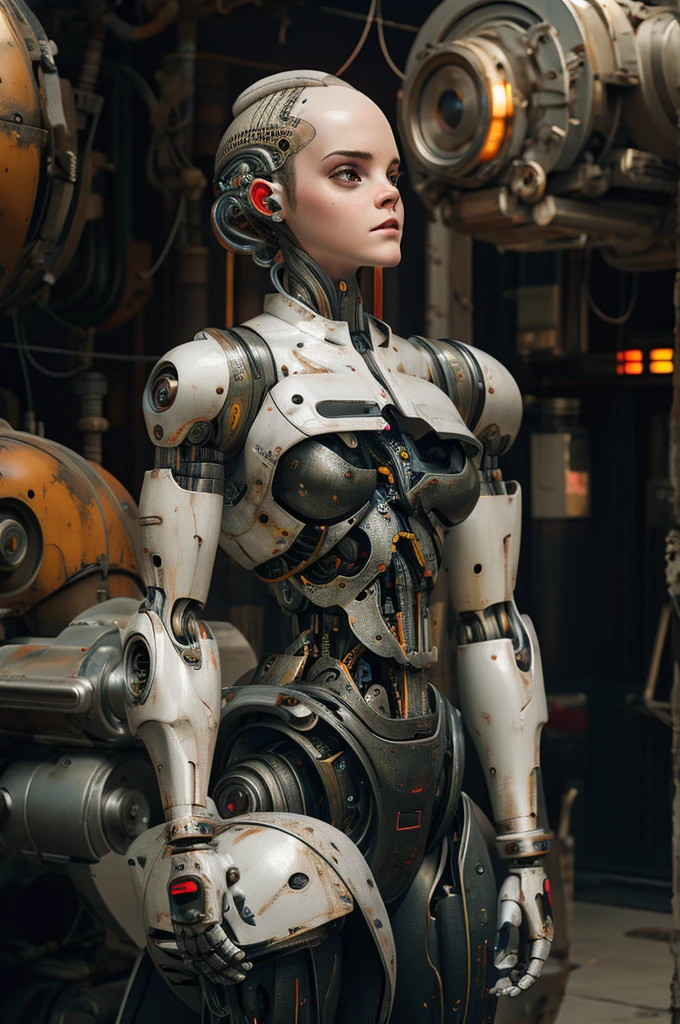 Emma Watson, bald, cyborg, androidperson, mark brooks, david mann, robot brain, made of steel, hyperrealism, post-apocalyptic, reelmech, mechanical parts, joints, mecha,  j_sci-fi