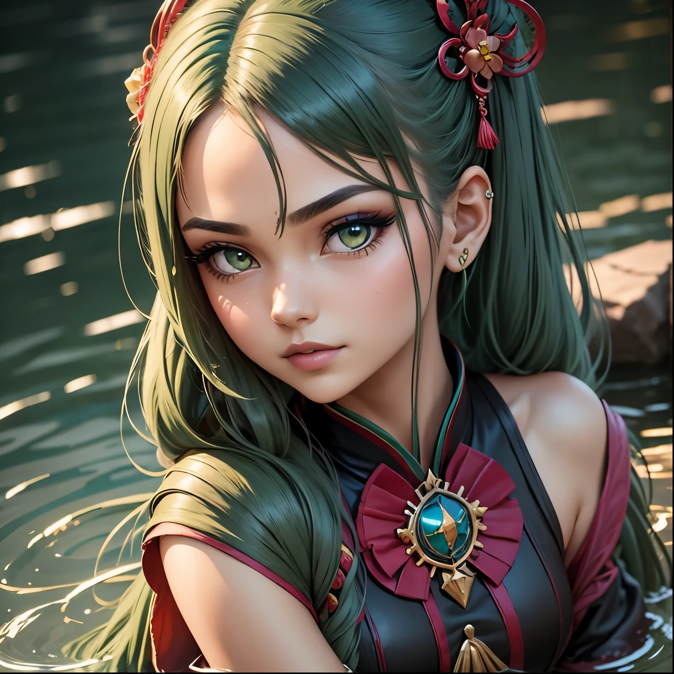 1girl, solo, hair ornament, green hair, twintails, long hair, dress, water,, mid shot portrait photo of (Faruzan) from Genshin Impact,, dark fantasy background, charming smirking., by Greg Rutkowski and Walt Disney ultra realistic highly detailed intricate photorealistic analog style photograph sharp focus on eyes, cinematic lighting,, , ,UHD, HDR, 8K 