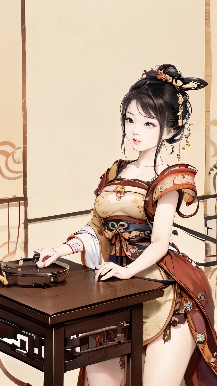 ((Chinese traditional ink image, hanfu)), drooping eyes, smiling, ((spread legs, thighs, groin)), (((hit her crotch against the table corner for masturbation))), 