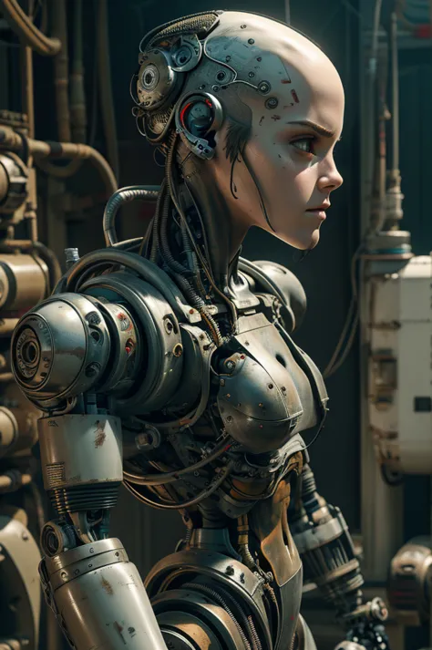 emma watson, bald, cyborg, loose wires, integrated weapons, hoses, exposed torso, androidperson, mark brooks, david mann, robot ...