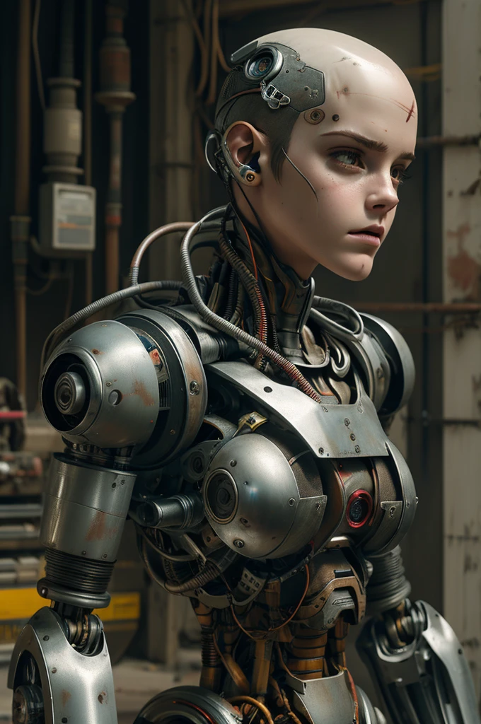 Emma Watson, bald, cyborg, loose wires, integrated weapons, hoses, exposed torso, androidperson, mark brooks, david mann, robot brain, made of steel, hyperrealism, post-apocalyptic, reelmech, mechanical parts, joints, mecha,  j_sci-fi