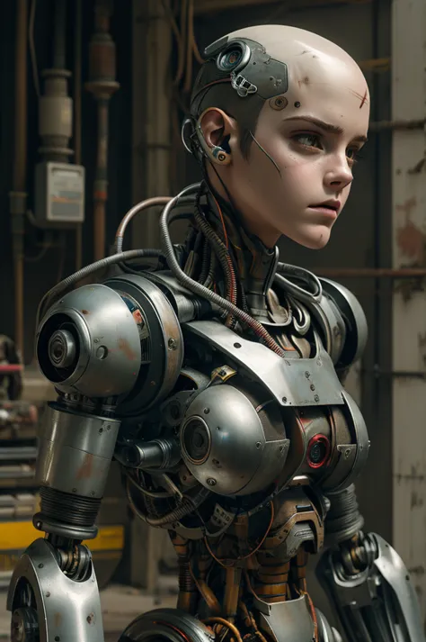 emma watson, bald, cyborg, loose wires, integrated weapons, hoses, exposed torso, androidperson, mark brooks, david mann, robot ...