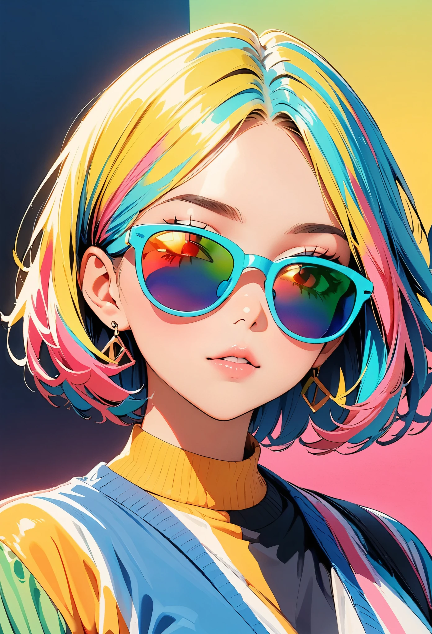 (highest quality:1.2, City Pop Style, Very detailed, Latest, Vibrant, High Contrast, masterpiece:1.2, highest quality, Best aesthetics), girl, ((Face Up Shot:1.4)), Colorful Hair, Bobcut, pastel colour, 1980s style, ((Retro, Vintage, Single color background)), (sunglasses).