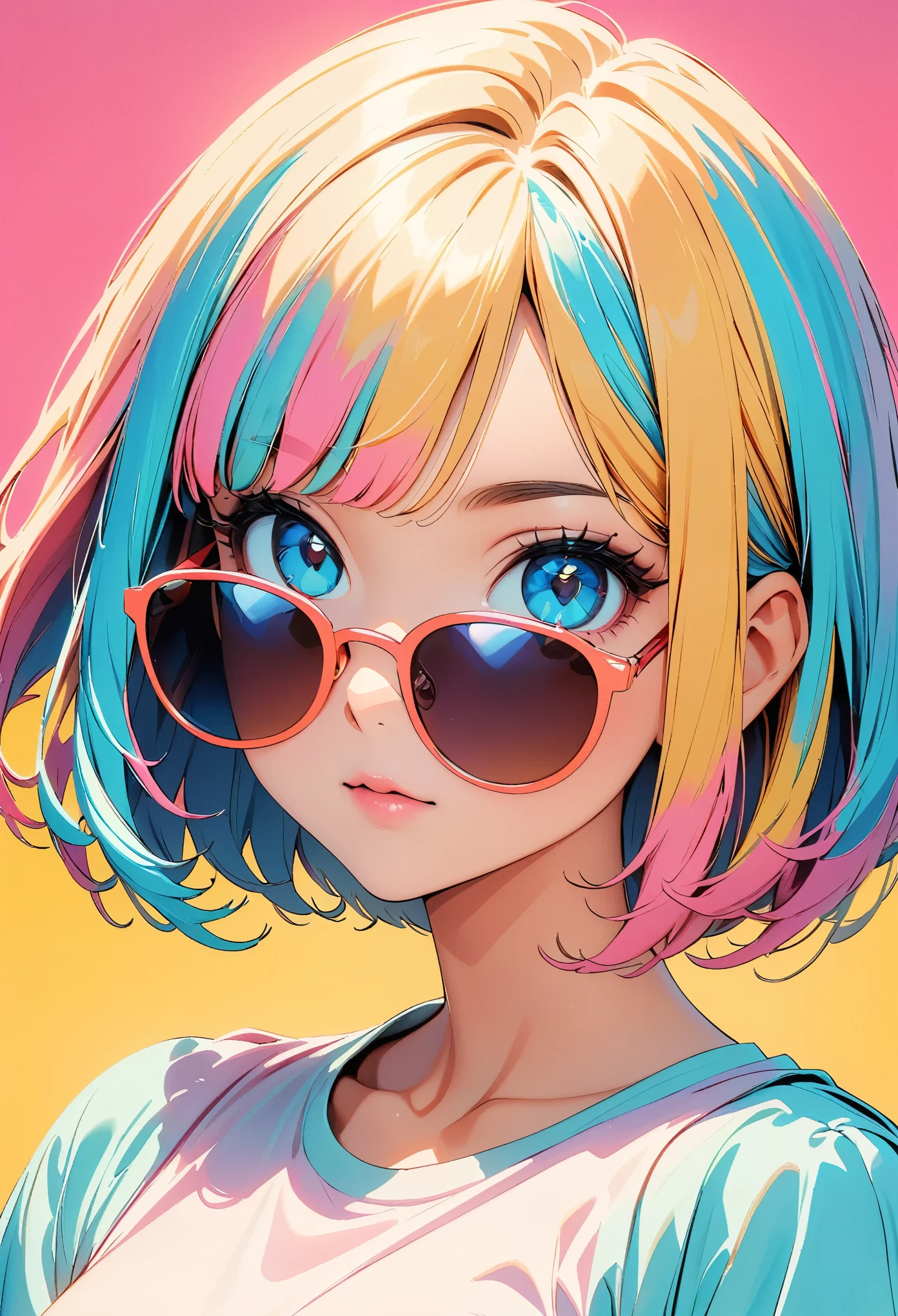 (highest quality:1.2, City Pop Style, Very detailed, Latest, Vibrant, High Contrast, masterpiece:1.2, highest quality, Best aesthetics), girl, ((Face Up Shot:1.4)), Colorful Hair, Bobcut, pastel colour, 1980s style, ((Retro, Vintage, Single color background)), (sunglasses).