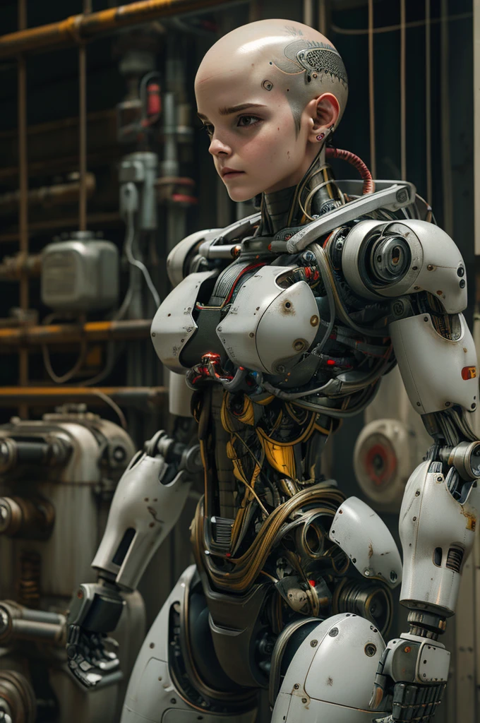 Emma Watson, bald, cyborg, loose wires, integrated weapons, rifle, hoses, exposed torso, androidperson, mark brooks, david mann, robot brain, made of steel, hyperrealism, post-apocalyptic, reelmech, mechanical parts, joints, mecha,  j_sci-fi