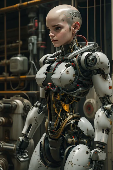 Emma Watson, bald, cyborg, loose wires, integrated weapons, rifle, hoses, exposed torso, androidperson, mark brooks, david mann,...