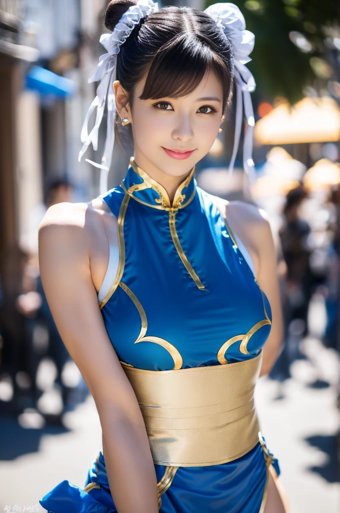 Chun-Li de Pelea callejera II,El disfraz perfecto de Chun-Li,Vestido chino azul con líneas doradas.,cabeza de bollo,buena portada,pose de pelea,obra maestra、1 hermosa chica、Ojos finos、ojos hinchados、de la máxima calidad, 超Alta resolución, (realidad: 1.4), Iluminación de cine、japonés、Asian Beauty、coreano、tan hermoso、Piel hermosa、cuerpo mirando hacia adelante、primer plano de la cara、(超realidad的な)、(Alta resolución)、(8K)、(Muy detallado)、(美しくOjos finos)、(Muy detallado)、 (muro-)、cara detallada、iluminación brillante、Iluminación profesional、mirando a la audiencia、mira hacia adelante、flequillo diagonal、Ídolo de Nogizaka、coreano Idol、obra maestra, de la máxima calidad, obra maestra, de la máxima calidad, cara perfecta, Ojos marrones perfectos con esclerótica blanca., Mal movimiento -5, alone, 1 chica, Parte superior del cuerpo, Pelo castaño, Desde SF2, Servicios de idioma chino, sonrisa, mujer musculosa, ropa azul, pantys, cortina pélvica, Manga corta abullonada, buena portada, faja, evaluación:seguridad