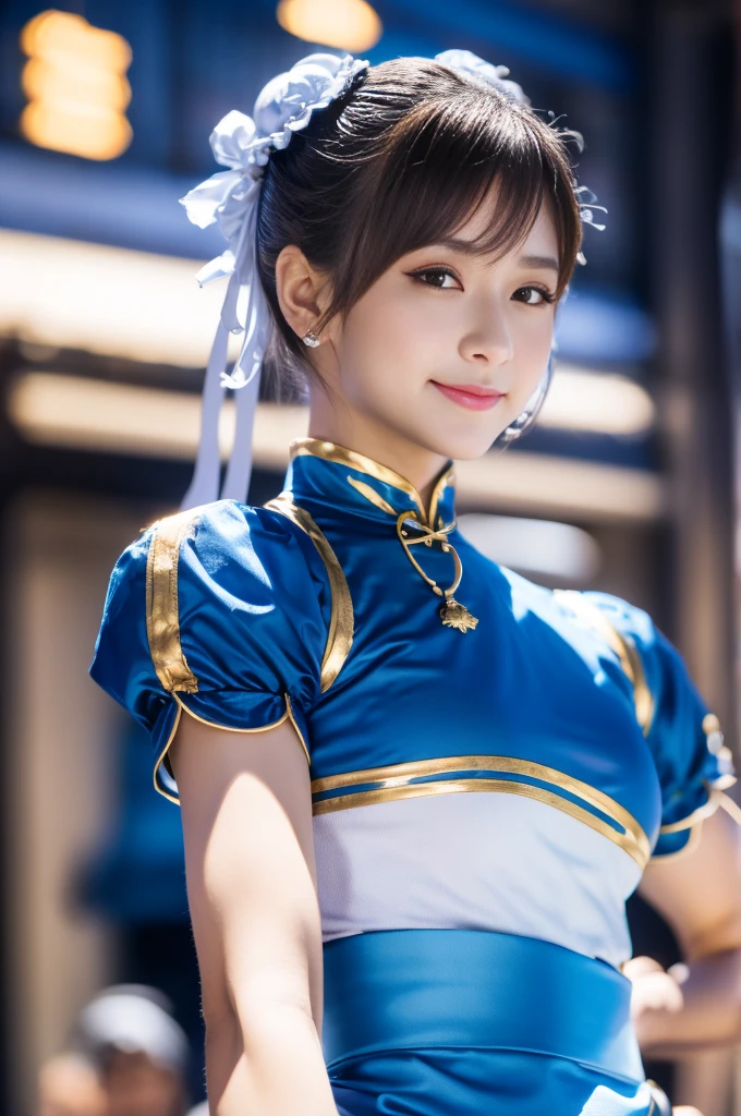 Chun-Li aus Street Fight II,Das perfekte Chun-Li-Kostüm,Blaues chinesisches Kleid mit goldenen Linien,Duttkopf,Gute Abdeckung,Kampfpose,Meisterwerk、1 schönes Mädchen、Schöne Augen、Geschwollene Augen、höchste Qualität, 超Hohe Auflösung, (Wirklichkeit: 1.4), Kinolicht、japanisch、asiatische Schönheit、Koreanisch、so schön、Schöne Haut、Körper nach vorne gerichtet、Nahaufnahme des Gesichts、(超Wirklichkeit的な)、(Hohe Auflösung)、(8k)、(Sehr detailiert)、(美しくSchöne Augen)、(Sehr detailiert)、 (Wand-)、detailliertes Gesicht、helle Beleuchtung、professionelle Beleuchtung、Blick auf das Publikum、Schau geradeaus、Diagonal bangs、Nogizaka-Idol、Koreanisch Idol、Meisterwerk, höchste Qualität, Meisterwerk, höchste Qualität, perfektes Gesicht, perfekte braune Augen mit weißer Sklera, Schlechter Zug -5, allein, 1 Mädchen, Oberkörper, braune Haare, Aus SF2, Chinesische Sprachdienste, lächeln, muskulöse Frau, Blaue Kleidung, Strumpfhose, Beckenvorhang, Kurze Puffärmel, Gute Abdeckung, Schärpe, Auswertung:Sicherheit