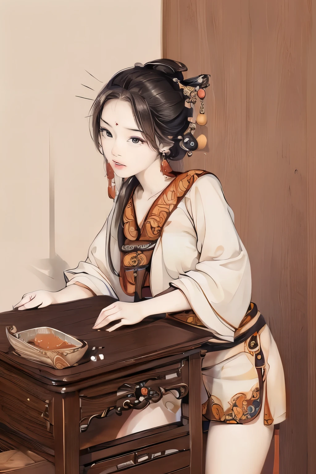 ((Chinese traditional ink image, hanfu)), drooping eyes, ((spread legs, showing off her thighs and groin, pubic hair)), (((standing and straddling to hit her crotch against the table corner for masturbation, orgasm face, open mouth))), 