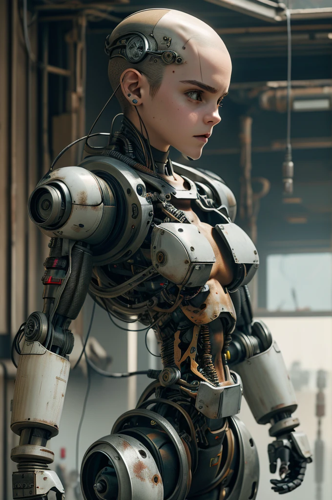 A bald cyborg Emma Watson, with loose wires, integrated weapons, rifle, hoses, exposed torso, androidperson, mark brooks, david mann, robot brain, made of steel, hyperrealism, post-apocalyptic, reelmech, mechanical parts, joints, mecha, j_sci-fi